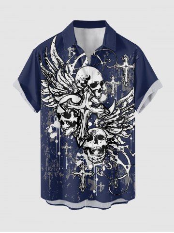 Skull Wings Cross Print Buttons Pocket Shirt For Men