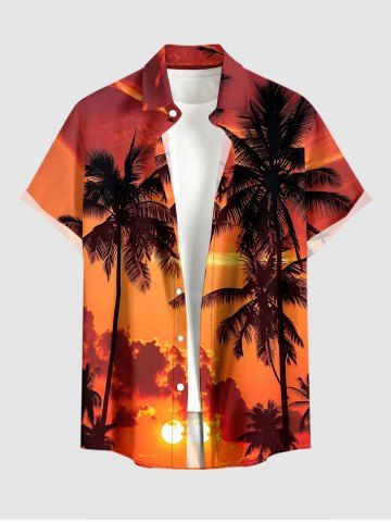 Coconut Tree Sun Cloud Print Buttons Pocket Hawaii Shirt For Men