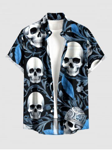 Plus Size Skulls Flower Leaf Print Buttons Pocket Hawaii Shirt For Men
