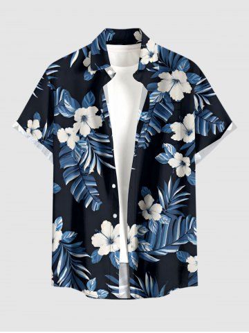 Plus Size Hibiscus Flowers Leaf Print Buttons Pocket Hawaii Shirt For Men - DEEP BLUE - 2XL