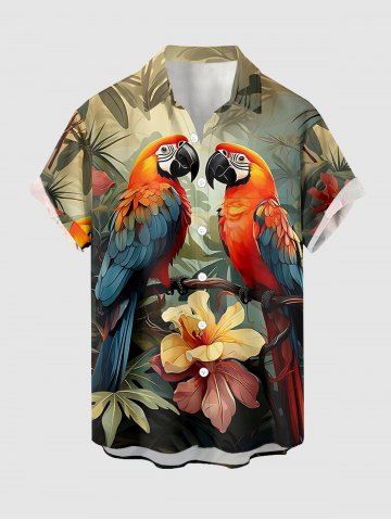 Parrot Flowers Leaf Print Buttons Pocket Hawaii Shirt For Men