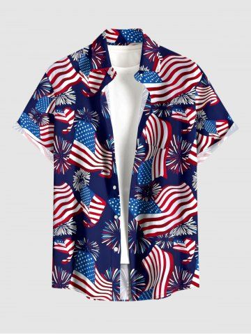 Plus Size Men's Patriotic American Flag Fireworks Print Buttons Pocket Shirt - DEEP BLUE - 2XL