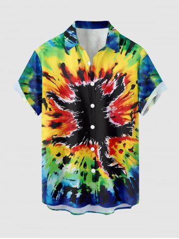 Plus Size Spiral Tie Dye Cat Print Buttons Pocket Hawaii Shirt For Men