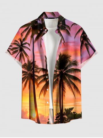 Coconut Tree Ombre Print Buttons Pocket Hawaii Shirt For Men