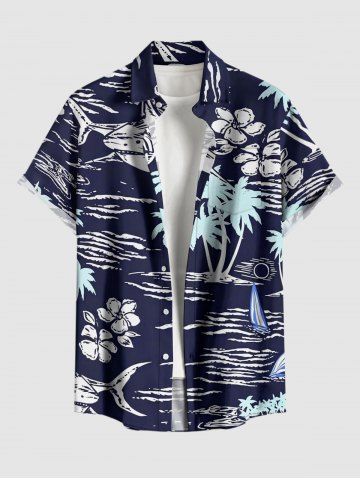 Chemise hawaïenne pour homme à imprimé cocotier, fleur, mer et requin, avec poche boutonnée - DEEP BLUE - 2XL