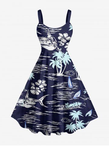 Robe trapèze hawaïenne à imprimé cocotier, fleur et requin de mer - DEEP BLUE - 6X