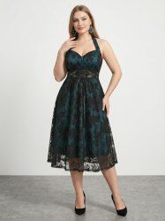 Plus Size Grommets Lace-up Floral Lace Halter Vintage Dress -  