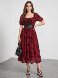 Robe corset grande taille à volants froncés et fleurs floquées - Rouge foncé L | US 12