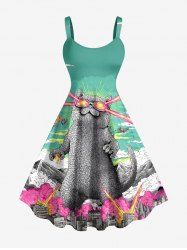 Cat Mountain Print Hawaii A Line Dress - Émeraude XS