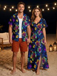 Hibiscus Flower Leaf Print Matching Hawaii Beach Outfit For Couples -  