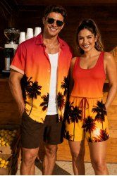 Matching Hawaii Shirt and Romper Beach Outfit Coconut Tree Ombre Print for Couples -  