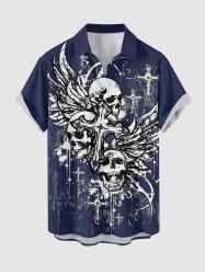 Skull Wings Cross Print Buttons Pocket Shirt For Men -  