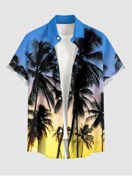 Coconut Tree Ombre Colorblock Print Buttons Pocket Hawaii Shirt For Men -  