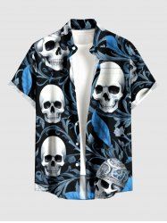 Skulls Flower Leaf Print Buttons Pocket Hawaii Shirt For Men - Bleu Ciel 2XL