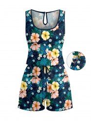 Flowers Tropical Leaf Print Cinched Hawaii Romper -  