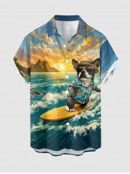 Plus Size Dog Sea Waves Sun Mountain Cloud Print Buttons Pocket Hawaii Shirt For Men - Bleu Ciel 2XL