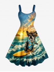 Plus Size Dog Sea Waves Sun Mountain Cloud Print Hawaii Tank Dress - Bleu Ciel M