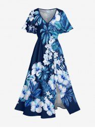 Hibiscus Flowers Leaf Print Split Hawaii Midi Dress - Bleu Marine 2X