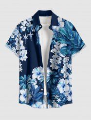 Hibiscus Flowers Leaf Print Buttons Pocket Hawaii Shirt For Men - Bleu Marine 5XL