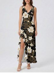 Flower Leaf Branch Print Hawaii Ruffles Split Dress - Noir XXL