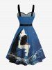 Shark Sea Waves Print Hawaii Button A Line Dress with Removable Belt -  