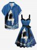 Shark Sea Waves Print Hawaii Button A Line Dress with Removable Belt -  