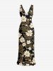 Flower Leaf Branch Print Hawaii Ruffles Split Dress - Noir XXL