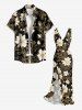 Flower Leaf Branch Print Hawaii Ruffles Split Dress - Noir XXL