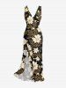 Flower Leaf Branch Print Hawaii Ruffles Split Dress - Noir XXL