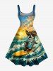 Plus Size Dog Sea Waves Sun Mountain Cloud Print Hawaii Tank Dress - Bleu Ciel M