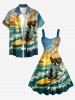 Plus Size Dog Sea Waves Sun Mountain Cloud Print Hawaii Tank Dress - Bleu Ciel M