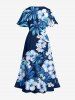 Hibiscus Flowers Leaf Print Split Hawaii Midi Dress - Bleu Marine 2X