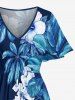 Hibiscus Flowers Leaf Print Split Hawaii Midi Dress - Bleu Marine 2X