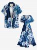 Hibiscus Flowers Leaf Print Split Hawaii Midi Dress - Bleu Marine 2X