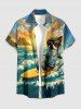 Plus Size Dog Sea Waves Sun Mountain Cloud Print Buttons Pocket Hawaii Shirt For Men - Bleu Ciel 2XL