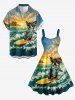 Plus Size Dog Sea Waves Sun Mountain Cloud Print Buttons Pocket Hawaii Shirt For Men - Bleu Ciel 2XL