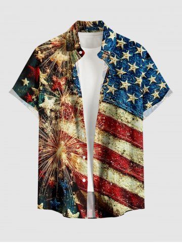 Plus Size Patriotic American Flag Fireworks Print Buttons Pocket Shirt For Men