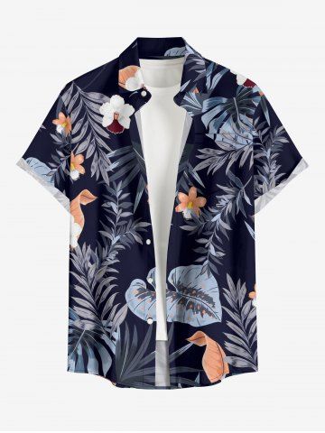 Hibiscus Flower Tropical Leaf Print Buttons Pocket Hawaii Shirt For Men