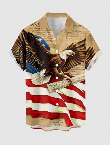 Plus Size Patriotic American Flag Eagle Newspaper Print Buttons Pocket Shirt For Men