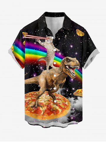 Dinosaur Cat Pizza Rainbow Galaxy Print Buttons Pocket Hawaii Shirt For Men - BLACK - 2XL