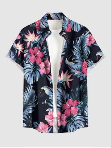 Plus Size Hibiscus Flowers Tropical Leaf Print Buttons Pocket Hawaii Shirt For Men