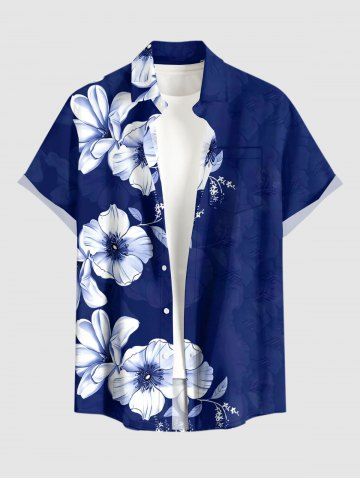 Plus Size Flower Leaf Print Hawaii Button Pocket Shirt For Men - BLUE - 6XL