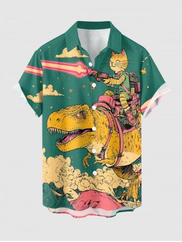 Dinosaur Cat Cloud Print Buttons Pocket Hawaii Shirt For Men