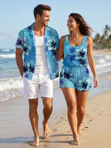 Matching Hawaii Shirt and Romper Plus Size Beach Outfit Flower Ombre Print For Couples