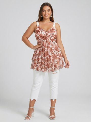 Ombre Floral Print Top and Ripped Raw Hem Cropped Jeans Plus Size Outfit - DEEP RED