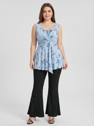 Ombre Colorful Maple Leaf Print Braided Panel Tank Top and Sequins Butterfly Applique Flare Pants Outfit - LIGHT BLUE