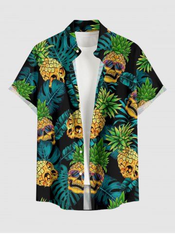 Plus Size Skull Pineapple Tropical Leaf Print Hawaii Button Pocket Shirt For Men