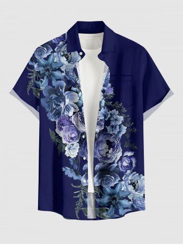 Flower Leaf Print Hawaii Button Pocket Shirt For Men