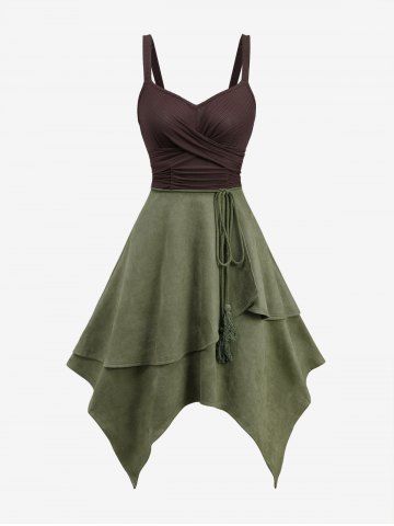 Ruched Textured Ribbed Asymmetric Tank Dress With A Belt - ARMY GREEN - XL