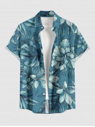 Chemise hawaïenne grande taille pour homme, à imprimé floral tropical et feuilles, boutons et poche. - Paon Bleu 2XL